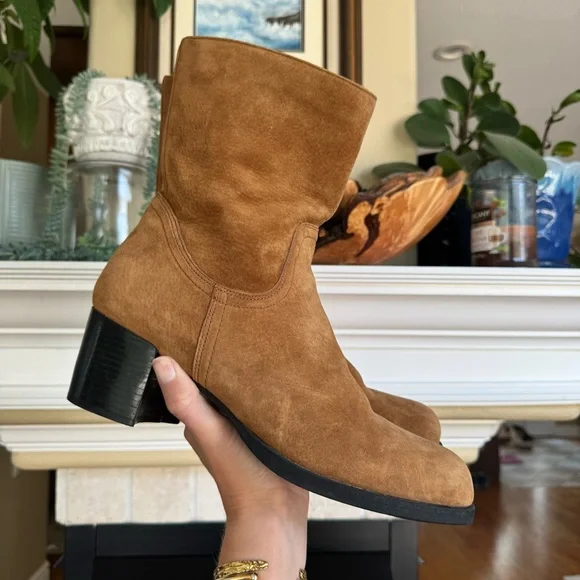 Hush Puppies Tan Heeled Suede Booties Square Toe Fall Western Boho Size 11 - Picture 1 of 8